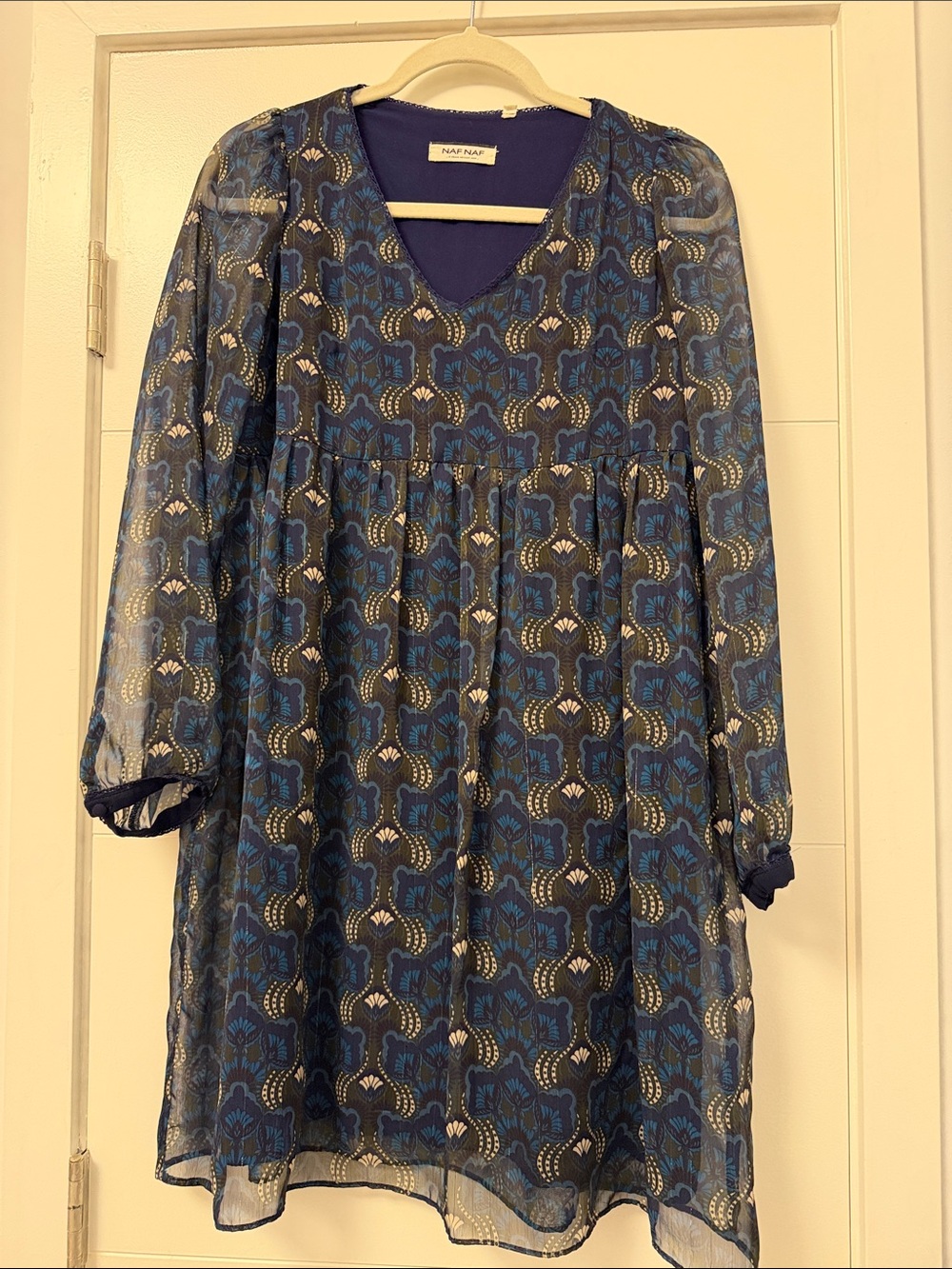 NAF NAF Blue Patterned Sheer-Sleeve Kids Dress